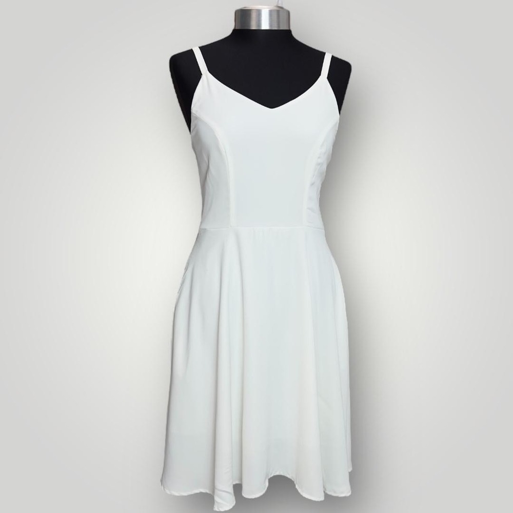 GOOBGS White Fit & Flare Midi Dress V-Neck Sleeveless A-Line Women's Small